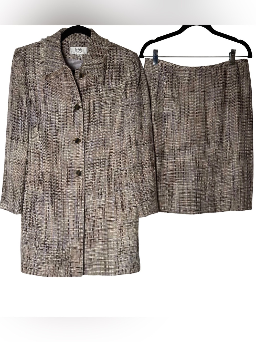 Le Suit Women's Skirt Suit 4 Botton Long Blazer - Brown and Cream, 8P NWOT